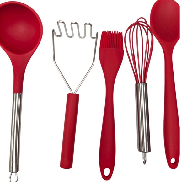 Kitchen Tool LOT OF 9 Red Silicon Tongs Wisk Ladle Spoon Brush Potato Masher - Picture 5 of 10